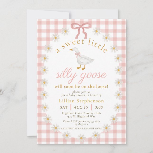 Invitación Ducha de bebé Silly Goose Pink Bow Daisy Gingham (Anverso)