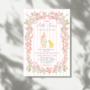 Invitación Ducha de bebé Silly Goose Pink Bow Floral QR Code