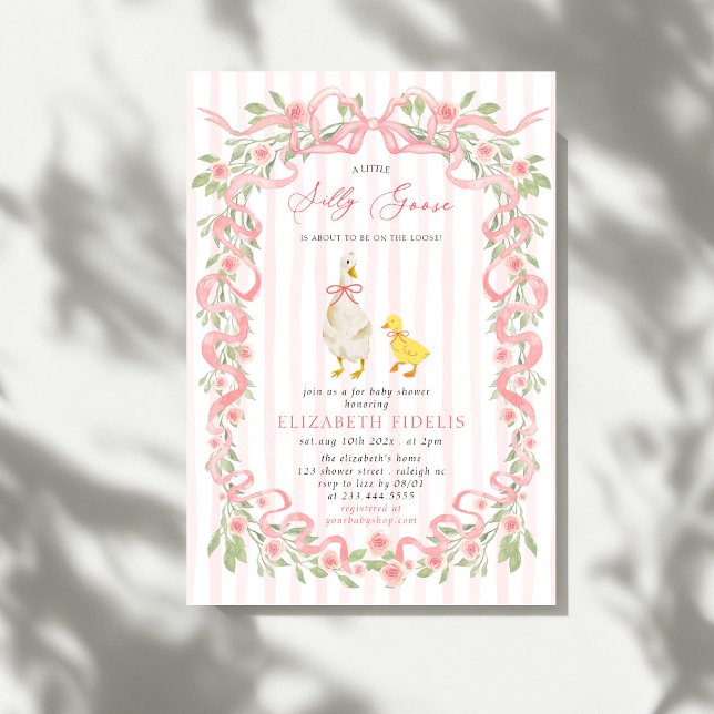Invitación Ducha de bebé Silly Goose Pink Bow Floral QR Code (Subido por el creador)