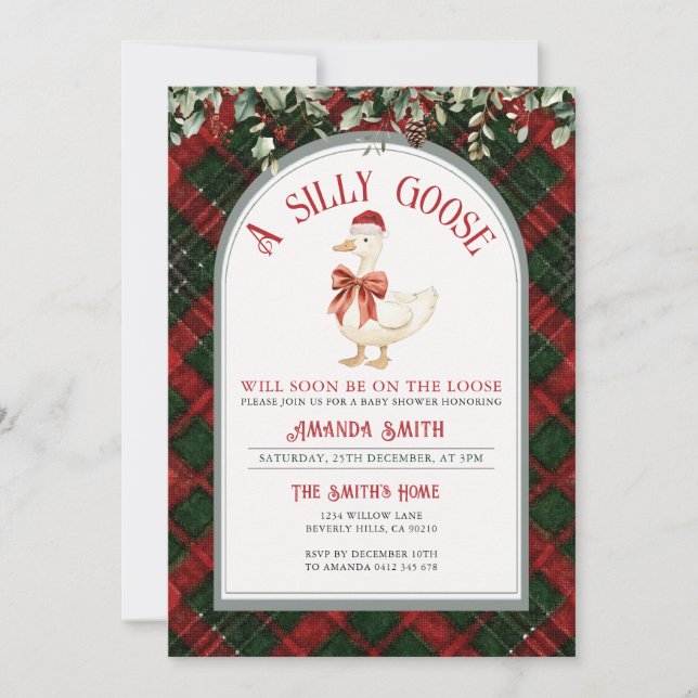 Invitación Ducha de bebé Silly Goose Plaid de Navidad  (Anverso)