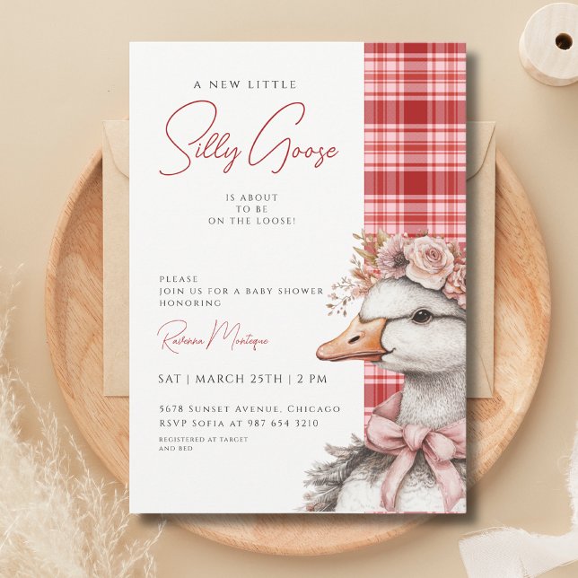 Invitación Ducha de bebé Silly Goose Red Gingham Flower Bow (Subido por el creador)