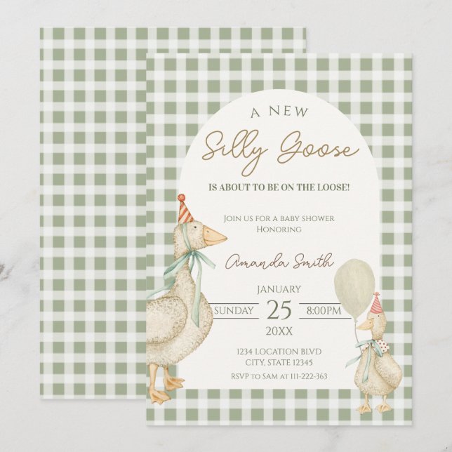 Invitación Ducha de bebé Silly Goose verde (Anverso / Reverso)