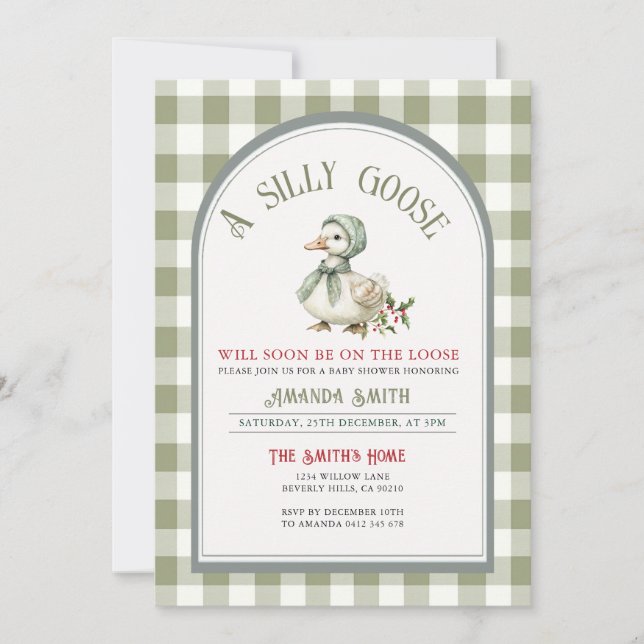 Invitación Ducha de bebé Silly Goose Verde de Navidad  (Anverso)