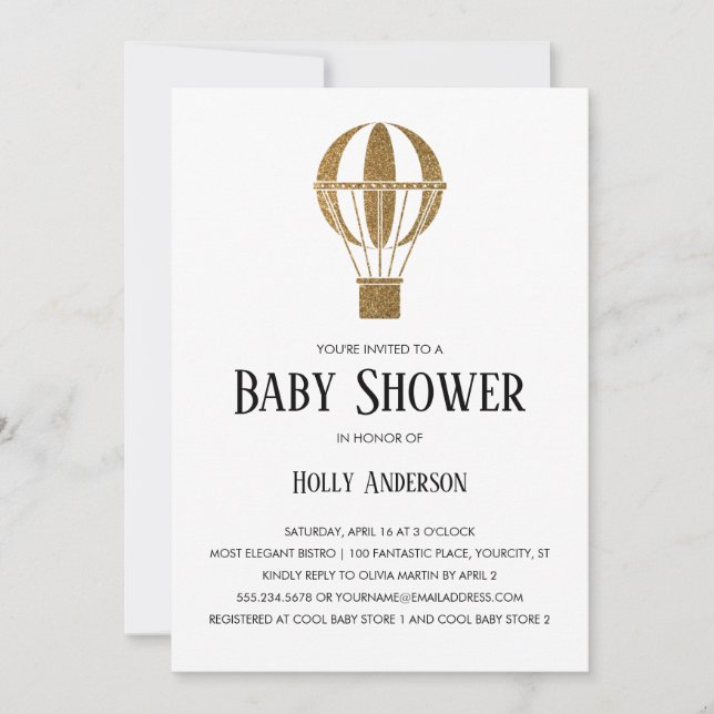 Invitación Ducha de Bebé Simple Globo Aerostático Dorado Bril (Anverso)