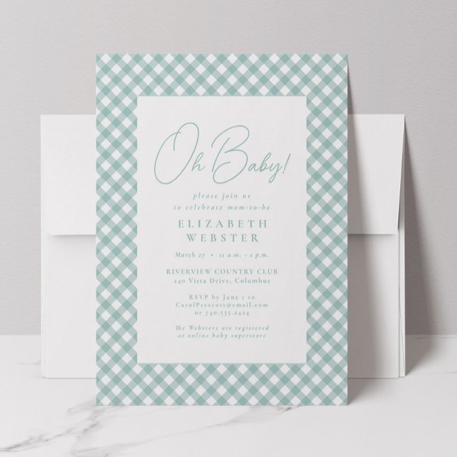 Invitación Ducha de bebé simple y linda de cuadros verdes (Subido por el creador)