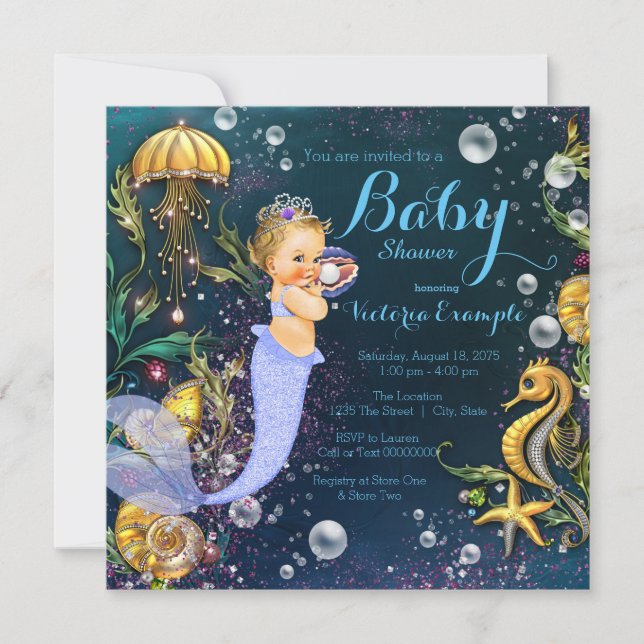 Invitación Ducha de Bebé Sirena Bajo El Mar (Anverso)