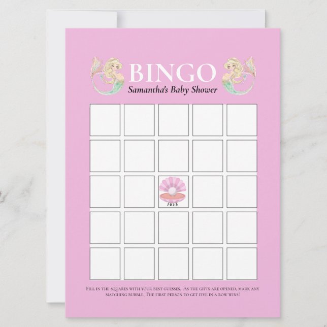 Invitación Ducha de bebé Sirena Madre Rosa Blanco Bingo (Anverso)