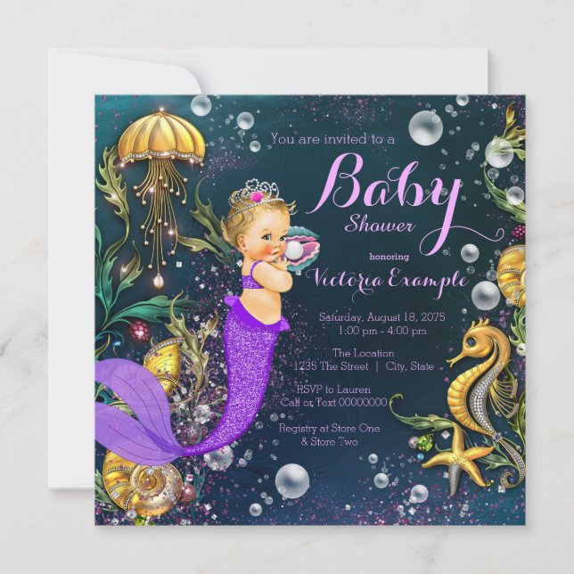 Invitación Ducha de Bebé Sirena Morada Linda (Anverso)