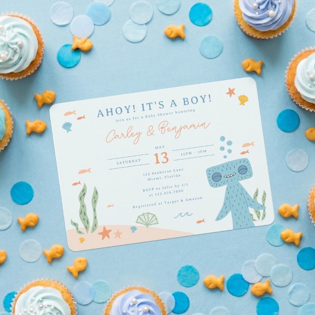 Invitación Ducha de bebé Slumberkins Hammerhead (Invitation on simulated table)