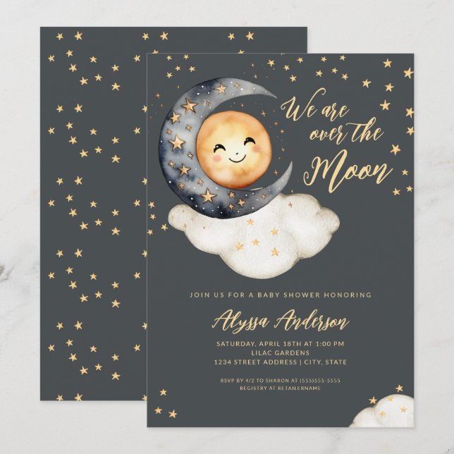 Invitación Ducha de bebé sobre la luna (Anverso / Reverso)
