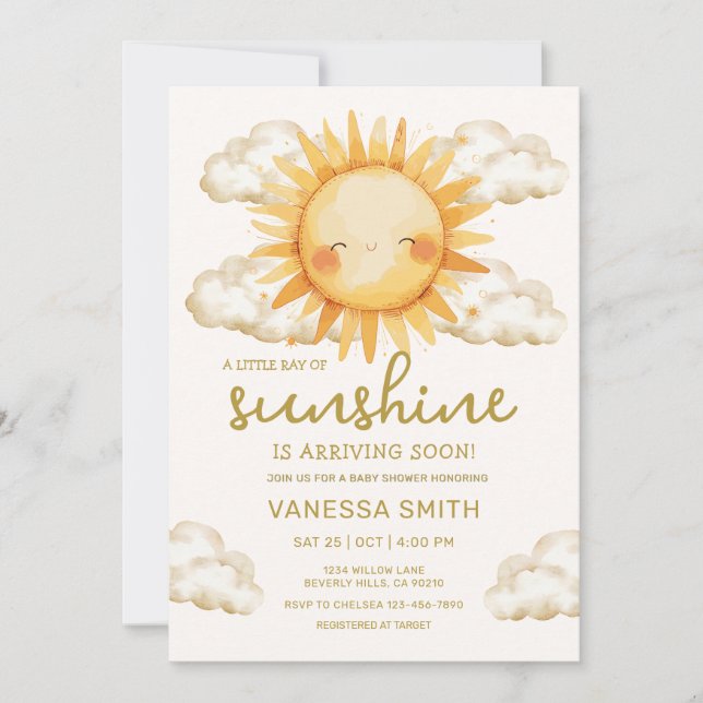 Invitación Ducha de bebé sol de género neutro Sunshine (Anverso)