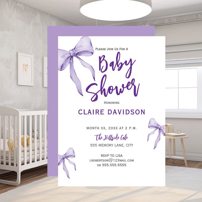 Invitación Ducha de Bebé Suave Morado (Baby Shower Soft Purple Bows Invitation)