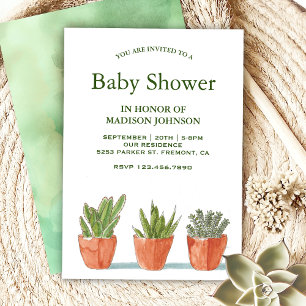 Invitación Ducha de Bebé Suculentas Acuarela Verde