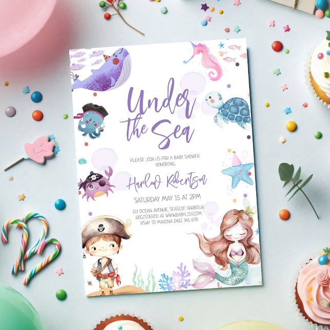 Invitación ducha de bebé tema de sirena bajo el mar océano (Subido por el creador)