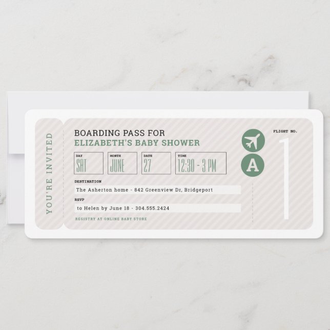 Invitación Ducha de bebé tema de viaje con boleto de avión ne (Anverso)
