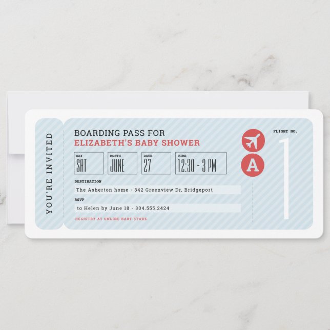 Invitación Ducha de bebé tema de viaje en avión azul (Anverso)