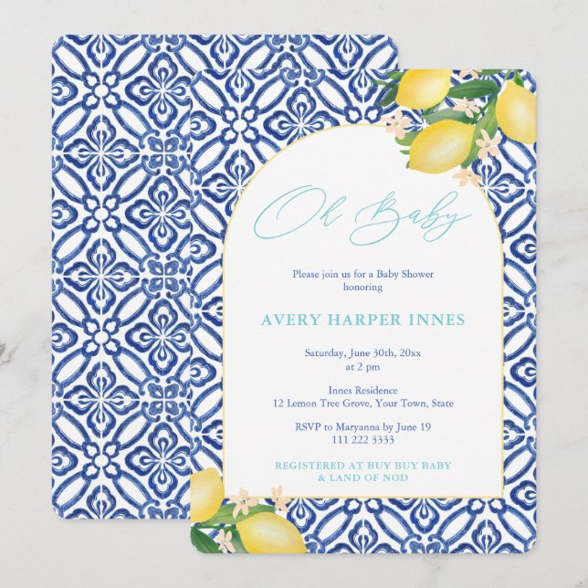 Invitación Ducha de Bebé Tema Limones Capri Verde Bebé (Anverso / Reverso)