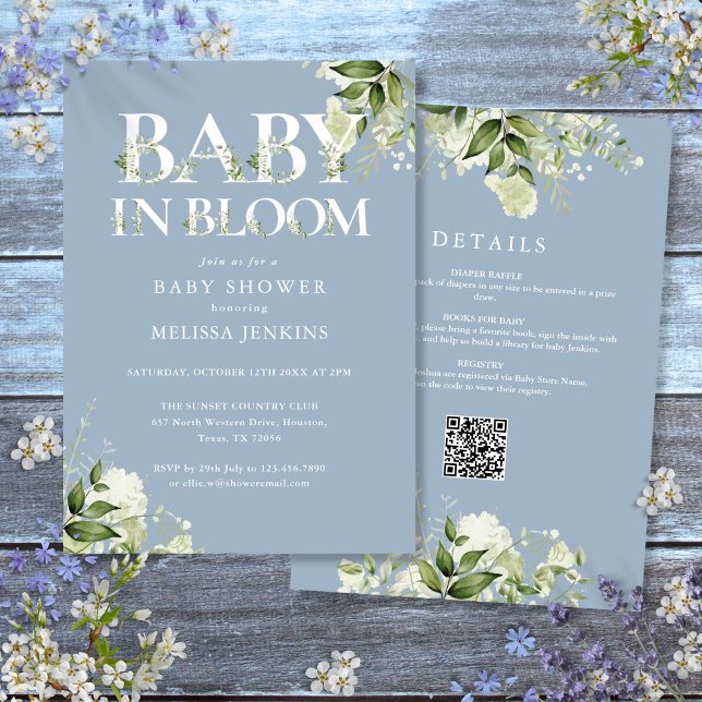 Invitación Ducha de bebé todo en uno Blue Baby In Bloom Green (Blue Baby In Bloom Greenery All In One Baby Shower Invitation)
