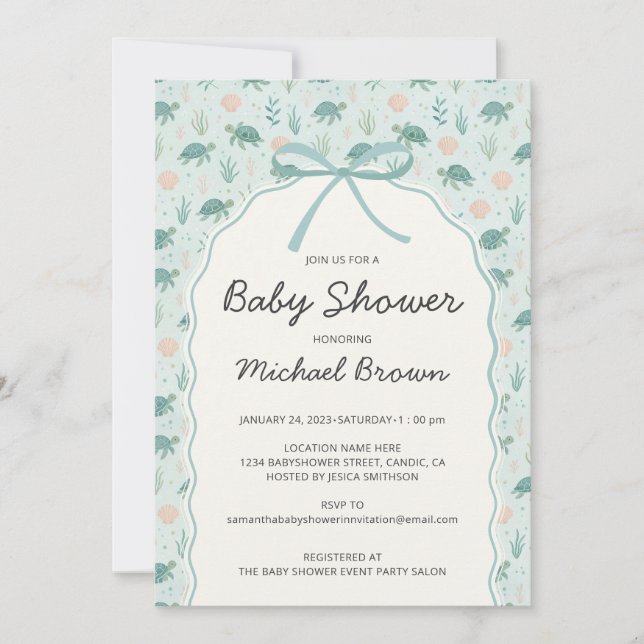 Invitación Ducha de bebé tortuga marina arco océano (Anverso)