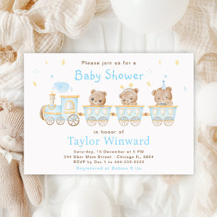 Invitación Ducha de bebé Tren Azul Oso