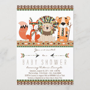 Invitación Ducha de bebé tribal azteca con zorro león tigre