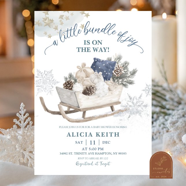 Invitación Ducha de Bebé Trineo de Navidad de Invierno Azul (Subido por el creador)