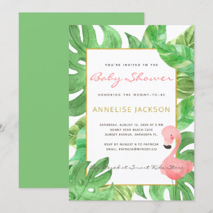 Invitación Ducha de bebé tropical de flamenco rosa con hojas 