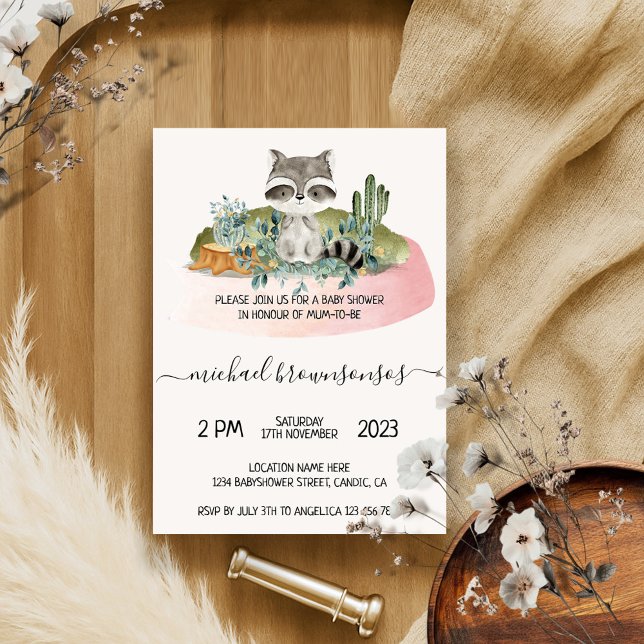 Invitación Ducha de bebé tropical de mapache animal boho (Subido por el creador)