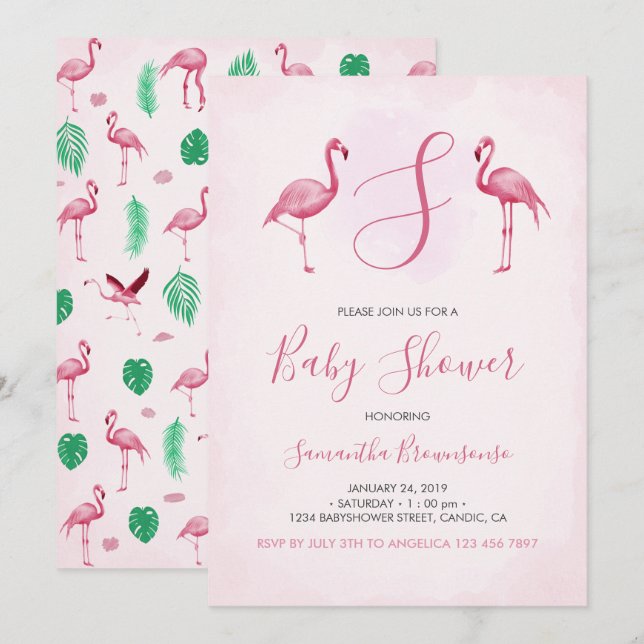 Invitación Ducha de Bebé Tropical Flamingo Rosa (Anverso / Reverso)