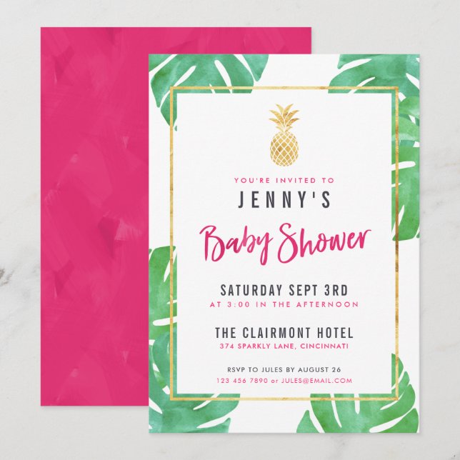 Invitación Ducha de Bebé Tropical Rosa y Dorado Piña (Anverso / Reverso)