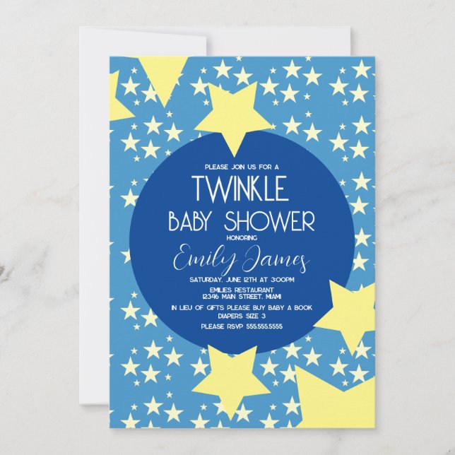 Invitación Ducha de Bebé Twinkle Estrellas Amarillas Fondo Az (Anverso)