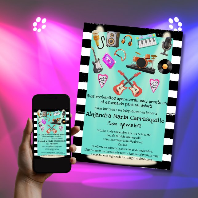 Invitación Ducha de Bebé Twins Teal Rock n Roll Español (Subido por el creador)