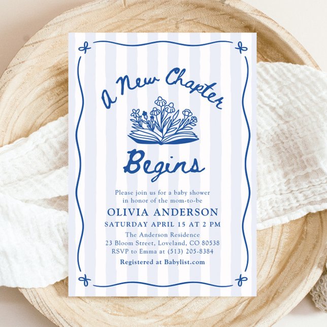 Invitación Ducha de bebé 'Un nuevo capítulo comienza' con dib (Blue Hand Drawn A New Chapter Begins Baby Shower Invitation)