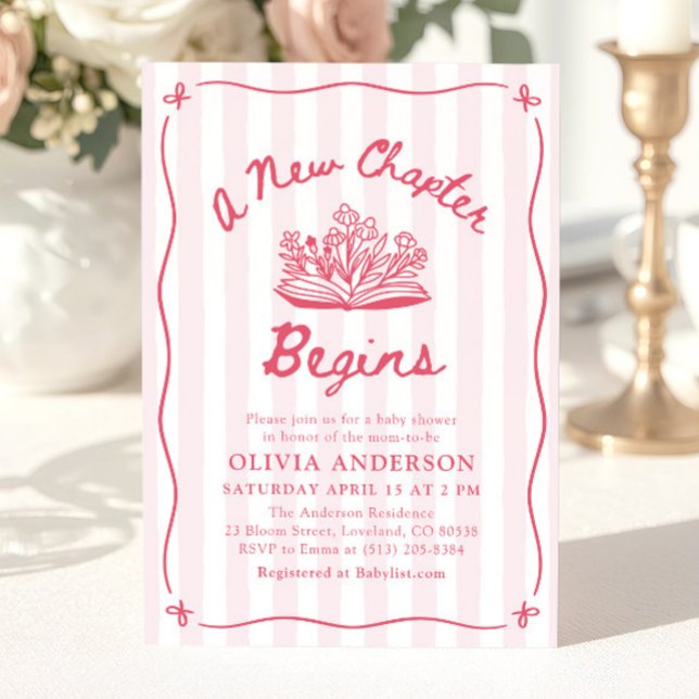 Invitación Ducha de bebé 'Un nuevo capítulo comienza' dibujad (Pink Hand Drawn A New Chapter Begins Baby Shower Invitation)