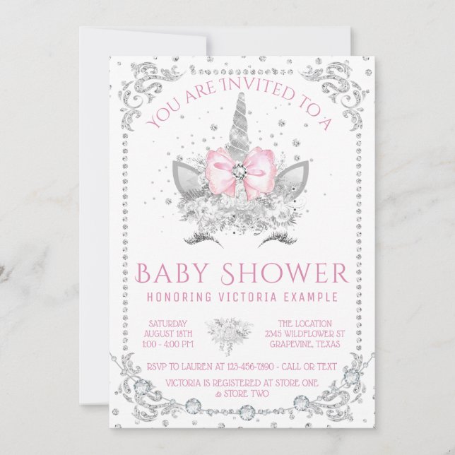 Invitación Ducha de Bebé Unicornio con Diamante Rosa (Anverso)