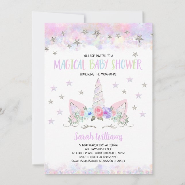 Invitación Ducha de Bebé Unicornio de Plata Púrpura (Anverso)