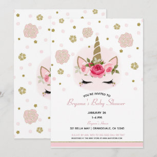 Invitación Ducha de Bebé Unicornio Dorado con Brillo Glam Flo