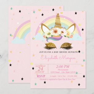 Invitación Ducha de Bebé Unicornio Floral Arcoíris Brillo Dor