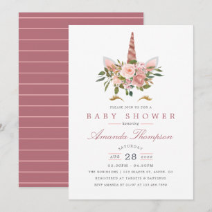 Invitación Ducha de Bebé Unicornio Floral Rosa Rubor y Dorado