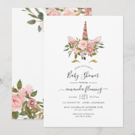 Invitación Ducha de Bebé Unicornio Floral Rosa y Dorado Rosa 