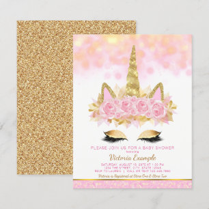 Invitación Ducha de Bebé Unicornio Rosa Dorado Cara de Unicor