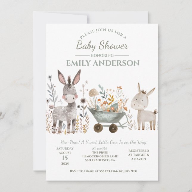 Invitación Ducha de bebé unisex de burros bebés | (Anverso)