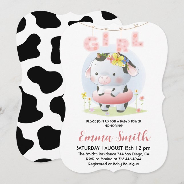 Invitación Ducha de Bebé Vaca Floral Niña  (Anverso / Reverso)