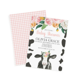 Invitación Ducha de Bebé Vaca Floral Rosa y Gingham