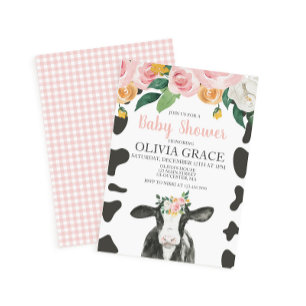 Invitación Ducha de Bebé Vaca Floral Rosa y Gingham