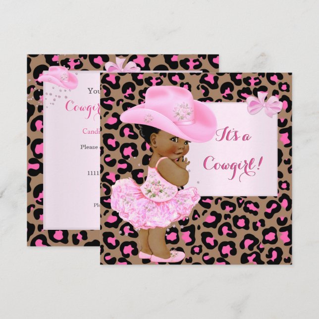Invitación Ducha de bebé vaquera estampado de leopardo rosa n (Anverso / Reverso)