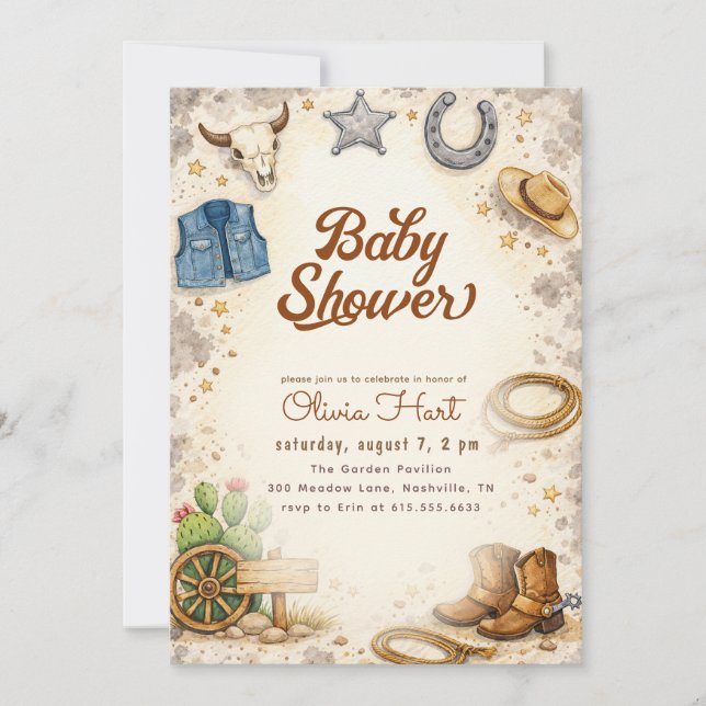 Invitación Ducha de bebé vaquera occidental (Anverso)