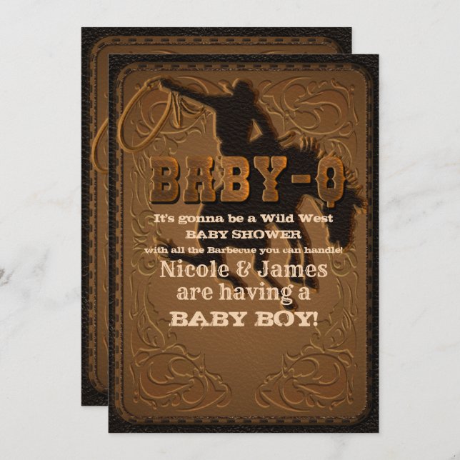 Invitación Ducha de bebé vaquero occidental de cuero BABY-Q S (Anverso / Reverso)