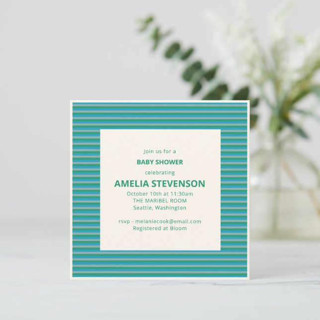 Invitación Ducha de bebé verano con franja azul verde (Anverso de pie)