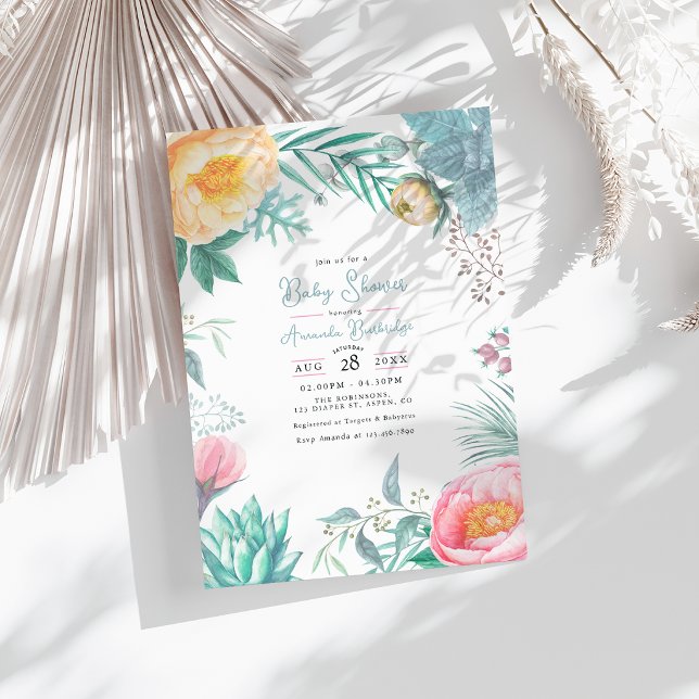 Invitación Ducha de Bebé Verano Floral Tropical Pastel Polvor (Dusty Pastel Tropical Floral Summer Baby Shower Invitation)